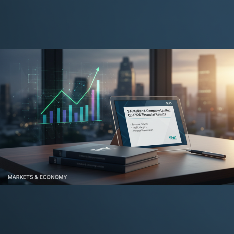 A tablet displaying financial results on a desk with a city skyline backdrop, symbolizing market growth and economy.
