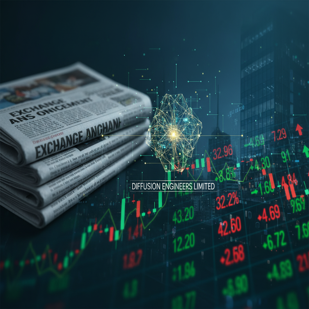 Stack of newspapers with headlines partially visible, overlaid with financial market data charts, numbers, and a network graphic.