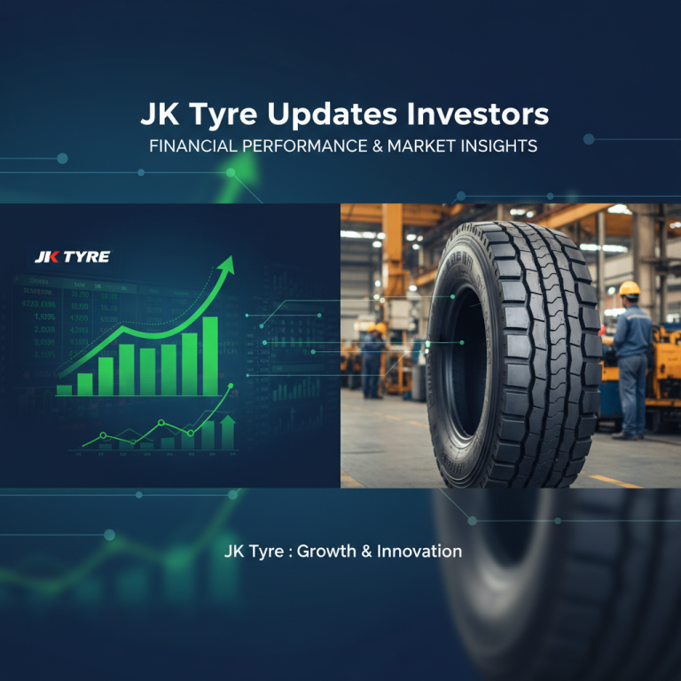 A professional image blending stock market graphs with a tire factory, symbolizing JK Tyre's financial and market position.