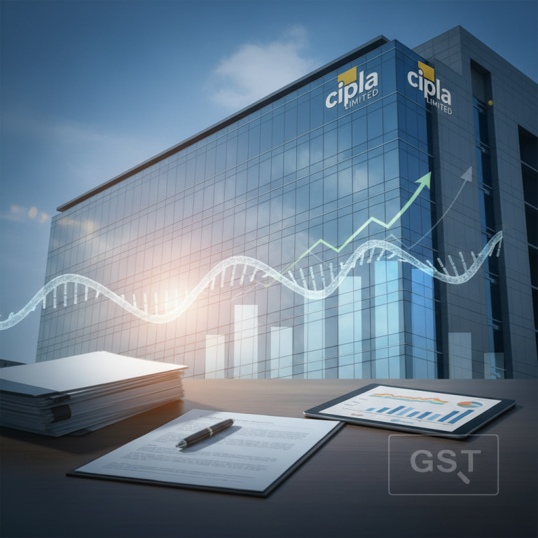 A modern building with the Cipla logo, representing corporate healthcare, overlaid with financial charts and a DNA strand, symbolizing market and economic growth after a GST inspection.