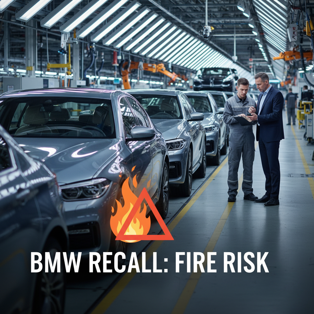 Two men in a car factory discussing a fire risk recall for BMW vehicles.