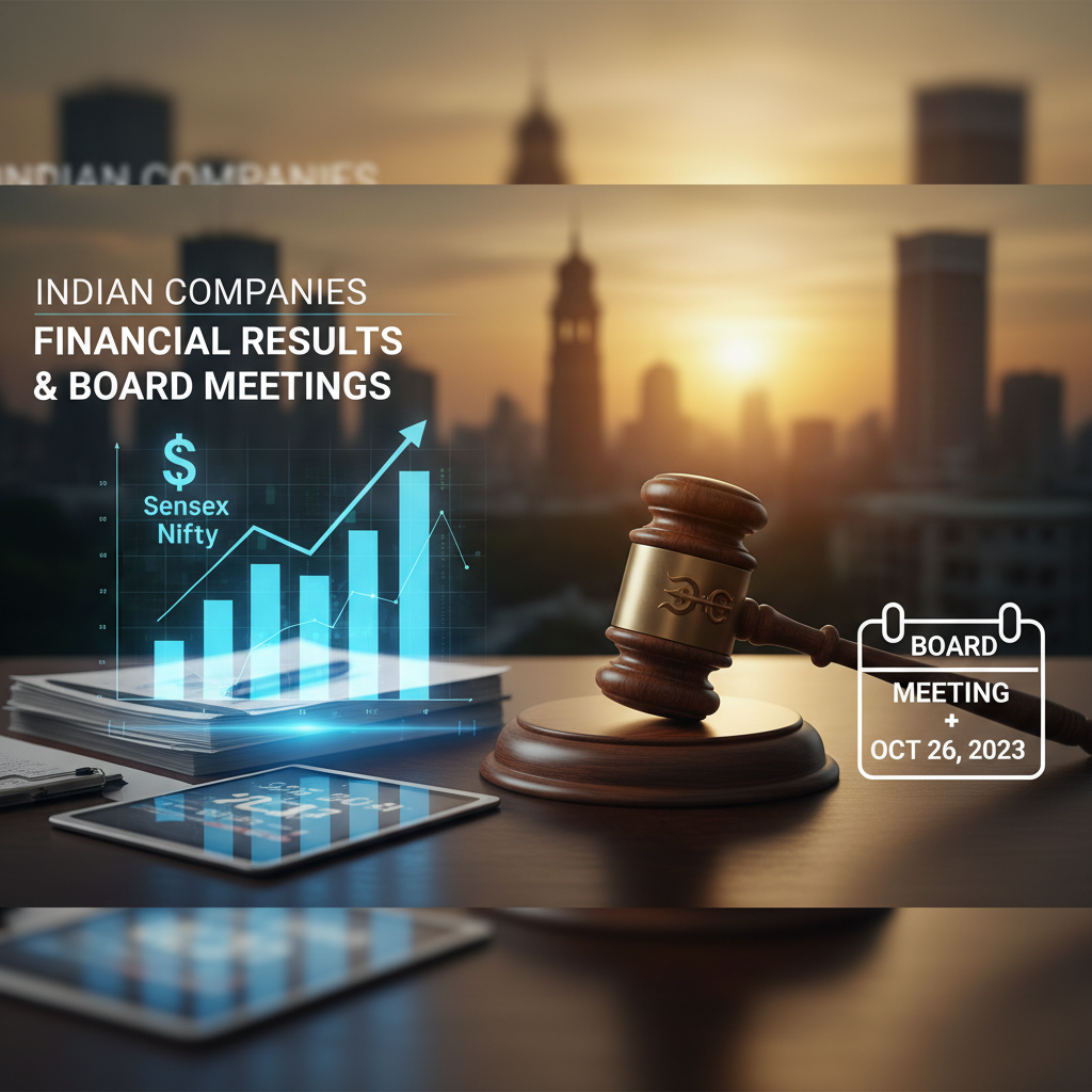 A gavel, financial charts, and a calendar icon against a cityscape at sunset, representing corporate finance news.