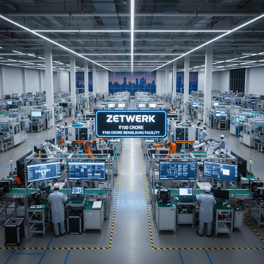 High-tech electronics manufacturing floor with workers, robots, and machinery, featuring the Zetwerk logo.