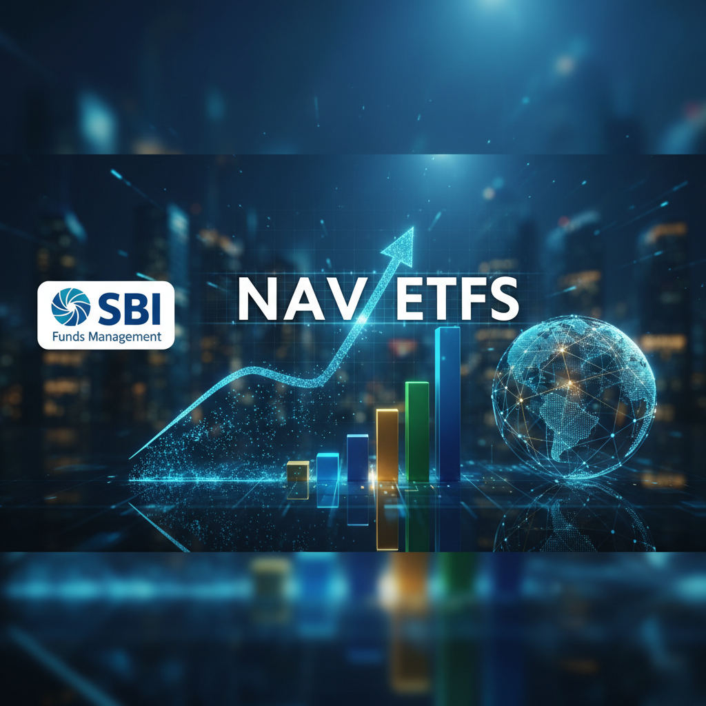 A professional visual representing SBI Funds Management, NAVs, and ETFs.