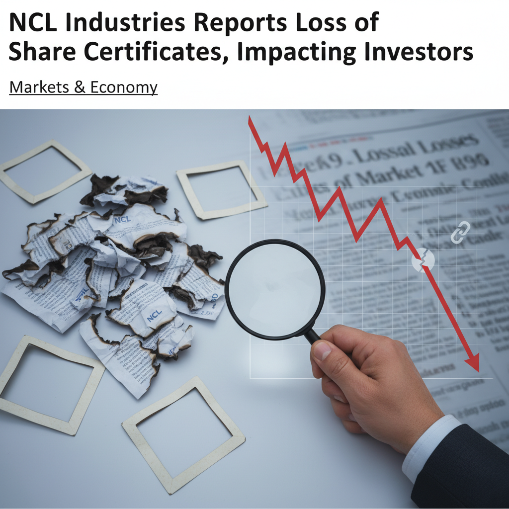 A hand holds a magnifying glass over burnt share certificates and a declining stock graph, symbolizing financial loss.