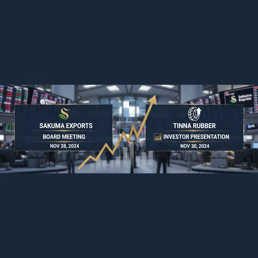 Professional image for NSE announcements, featuring company logos, key dates, and a rising stock graph.