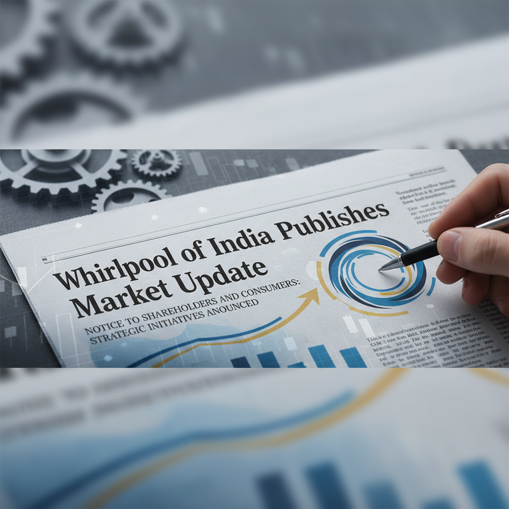A newspaper with the headline "Whirlpool of India Publishes Market Update" and a hand pointing to a circular graph.