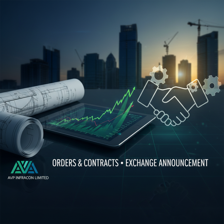 Digital tablet with a green stock graph, blueprints, handshake icon with gears, and a city skyline at sunset.