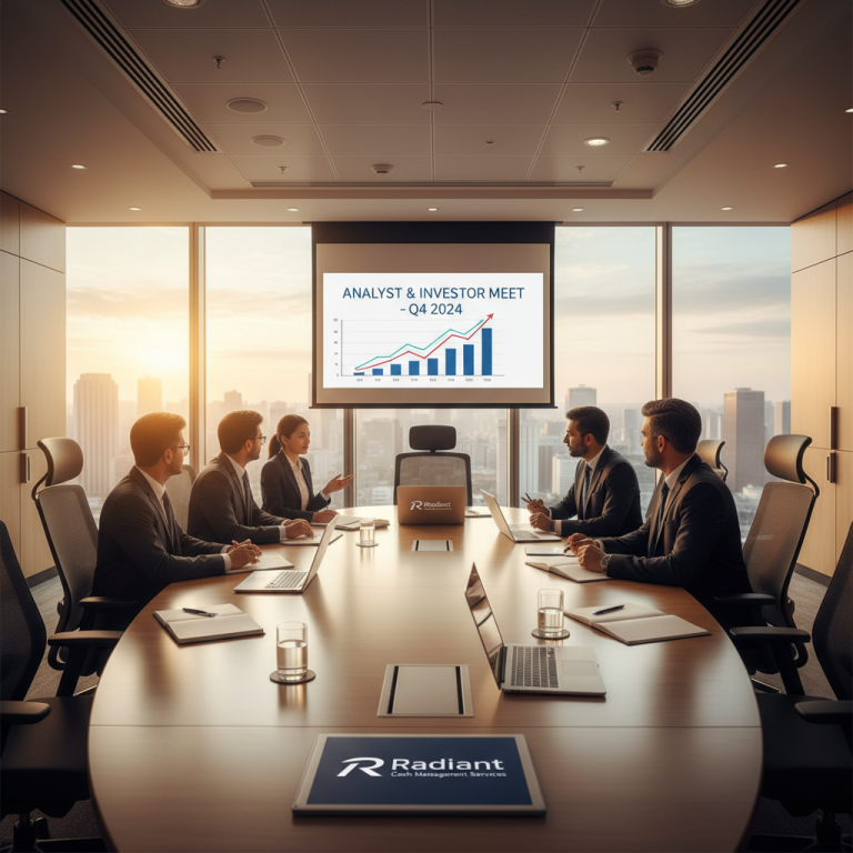 Business professionals in a modern boardroom with a city view, discussing charts on a projector screen.
