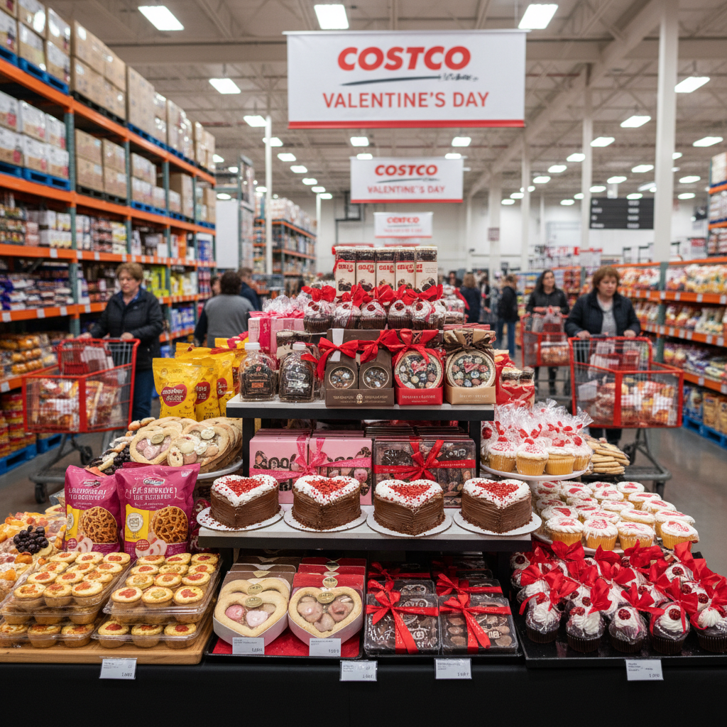 A wide display of Valentine's Day themed cakes, chocolates, and pastries in a brightly lit Costco warehouse.