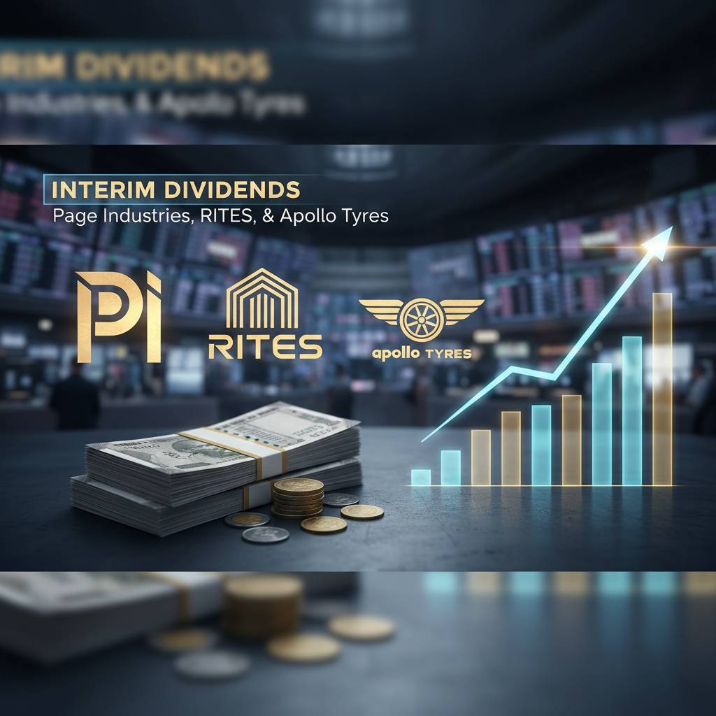 A professional image displaying stacked currency, coins, and a rising bar graph with company logos (Page Industries, RITES, Apollo Tyres).