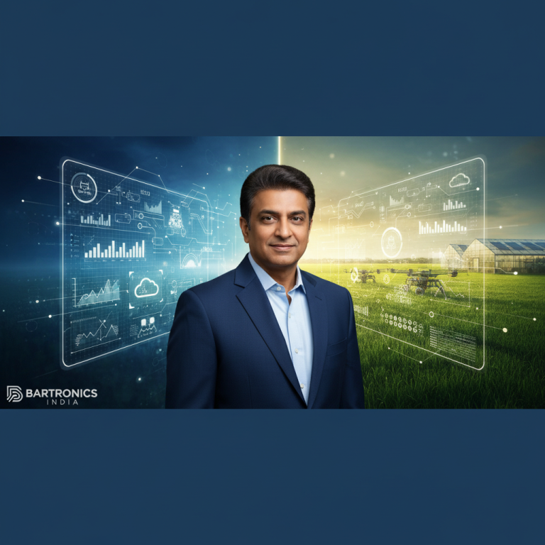 Portrait of Dr. Raja Krishna Murthy with an overlay of agricultural technology and data visualizations, representing agri-tech.