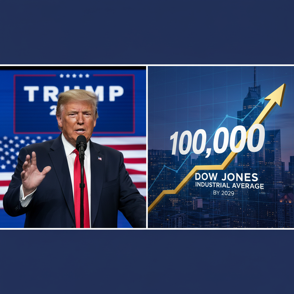 Donald Trump speaking at a podium next to a graphic showing Dow Jones at 100,000 by 2029.