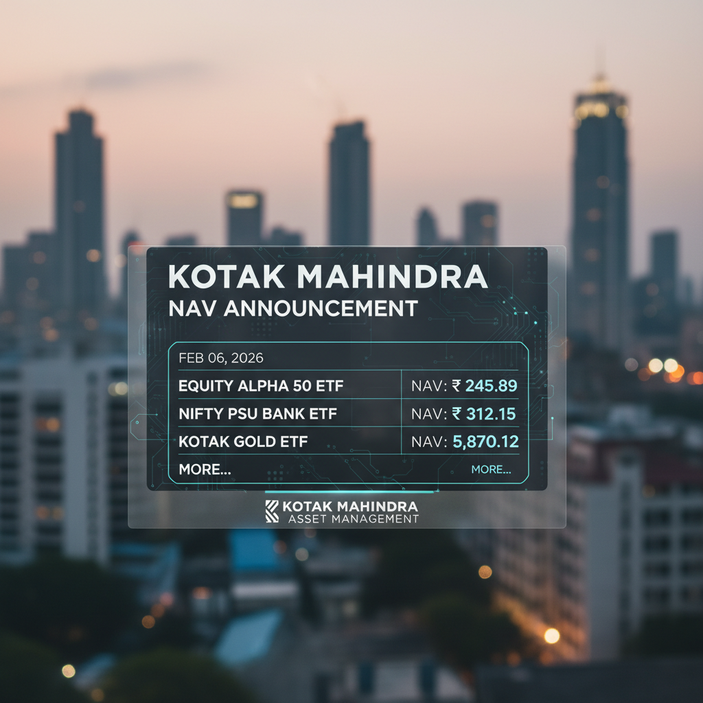 A professional graphic displaying Kotak Mahindra NAVs against a city skyline.