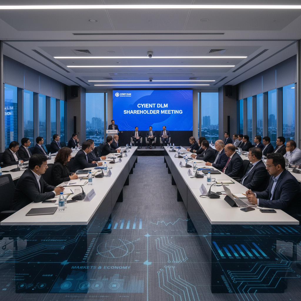A high-angle shot of a Cyient DLM shareholder meeting in a sleek, modern boardroom with a large screen and digital overlays.