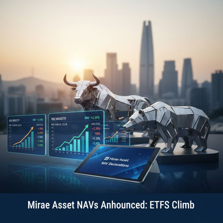 A stylized bull and bear face off in front of a modern city skyline, with financial charts and a tablet displaying "Mirae Asset NAV Declarations."