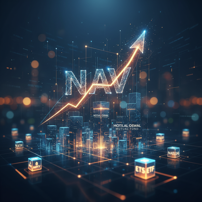 A digital city skyline with "NAV" glowing brightly and an upward arrow symbolizing growth, surrounded by financial terms.