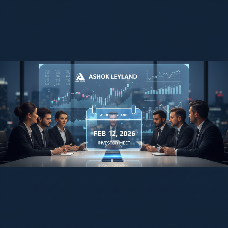 Business professionals in a meeting with a holographic display showing Ashok Leyland's logo and "FEB 12, 2026 INVESTOR MEET".