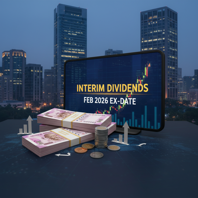 Stacks of Indian rupee notes, coins, and growth charts in front of a monitor displaying "INTERIM DIVIDENDS FEB 2026 EX-DATE" with a blurred city skyline at dusk in the background.