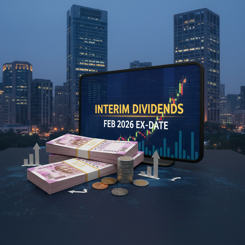 Stacks of Indian rupee notes, coins, and growth charts in front of a monitor displaying "INTERIM DIVIDENDS FEB 2026 EX-DATE" with a blurred city skyline at dusk in the background.