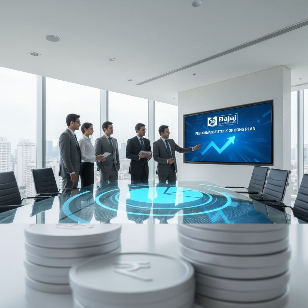 Business meeting with a presenter pointing to a screen displaying "Performance Stock Options Plan" and the Bajaj Electricals logo.