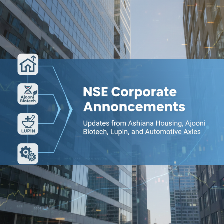 A professional graphic with "NSE Corporate Announcements" text over a blurred cityscape and stock market data, featuring company logos.