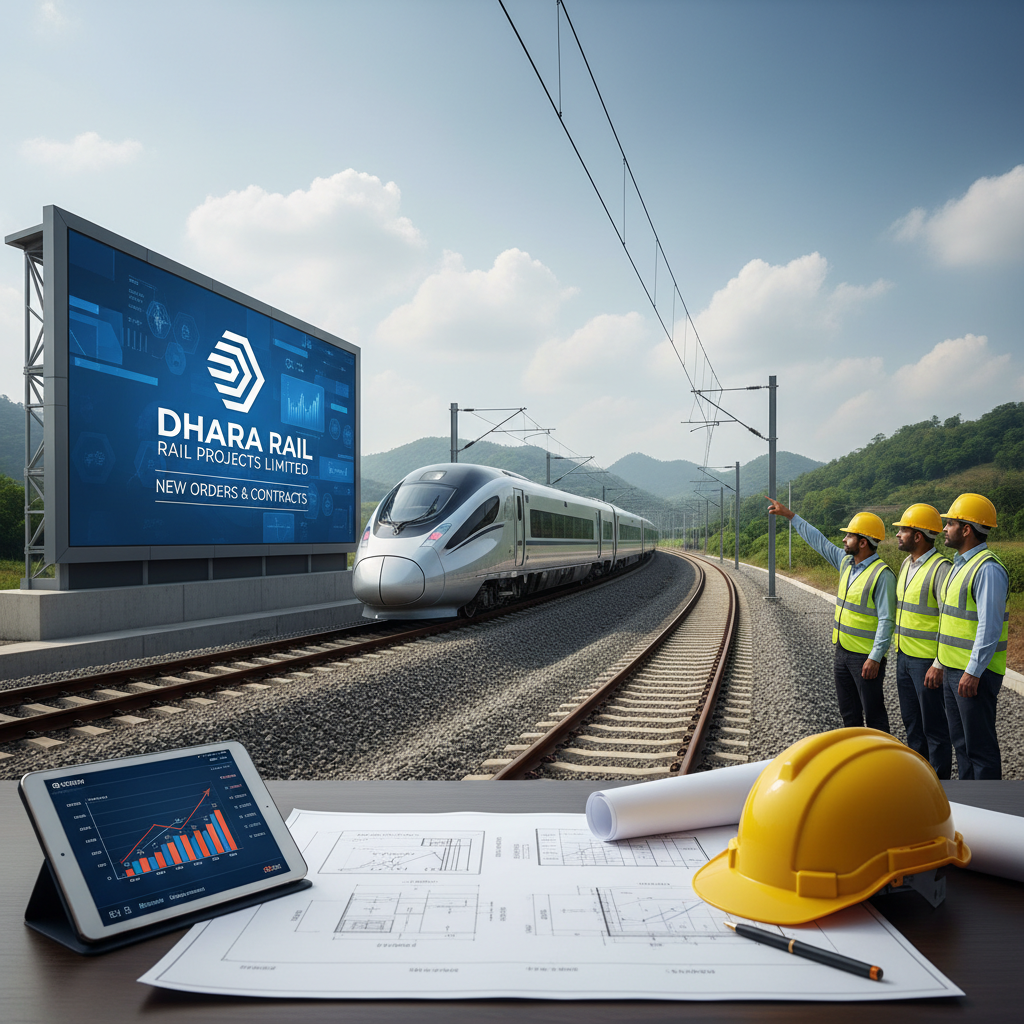 A modern train on tracks, engineers, a billboard with "Dhara Rail Projects Limited," and construction plans.