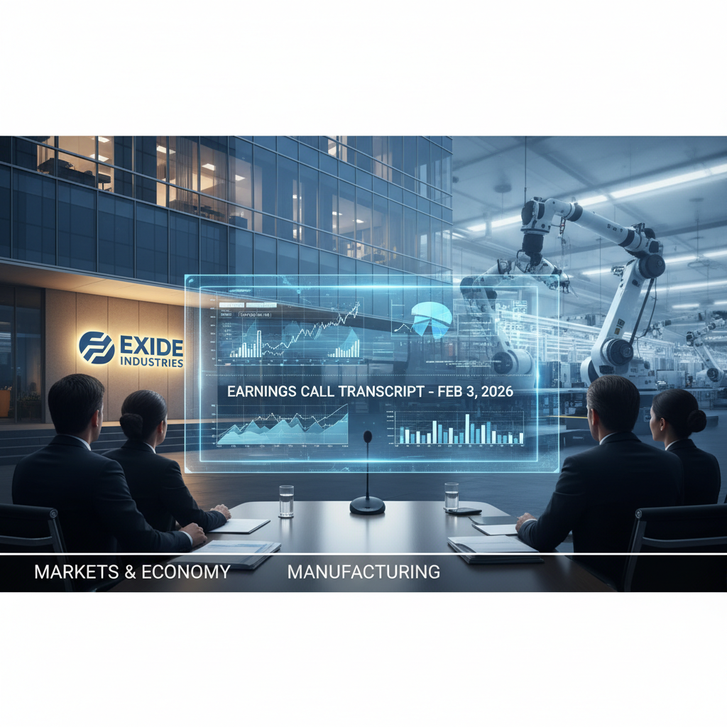 Professionals view a holographic display showing financial charts and manufacturing robots, representing Exide Industries' earnings.