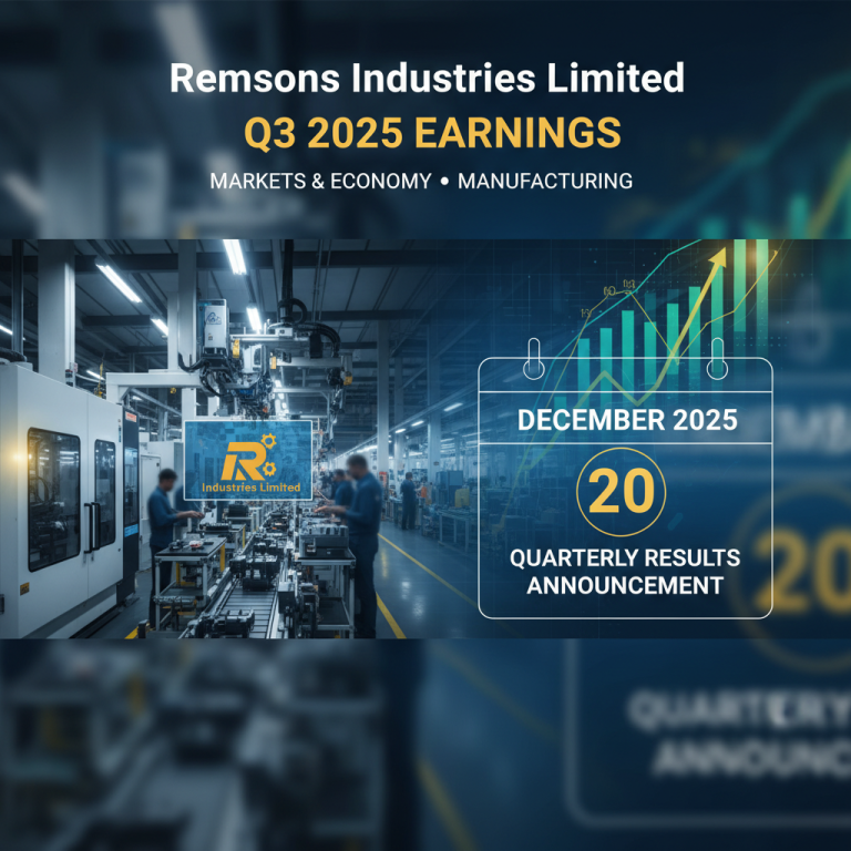 A professional image announcing Remsons Industries Limited's Q3 2025 quarterly results, with manufacturing and market growth visuals.