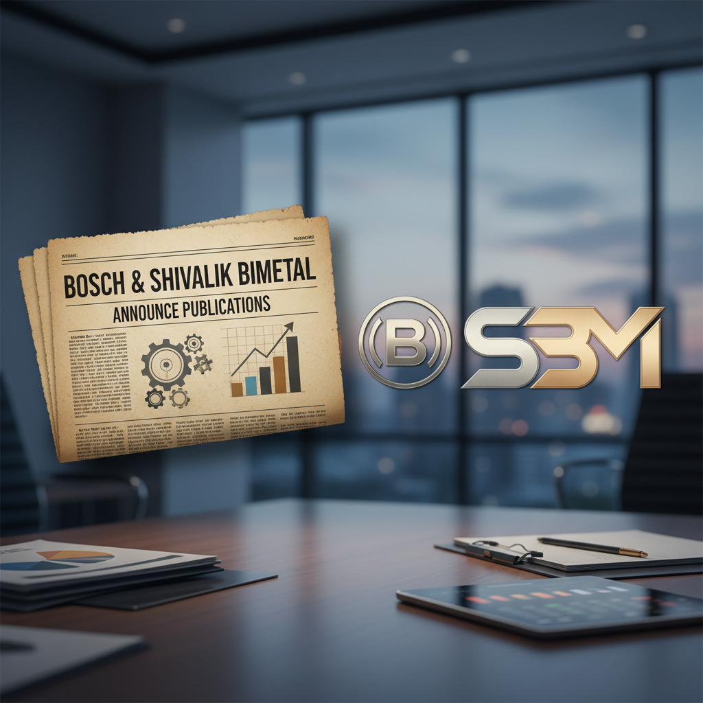 Newspaper with "Bosch & Shivalik Bimetal Announce Publications" headline, company logos, and business setting.