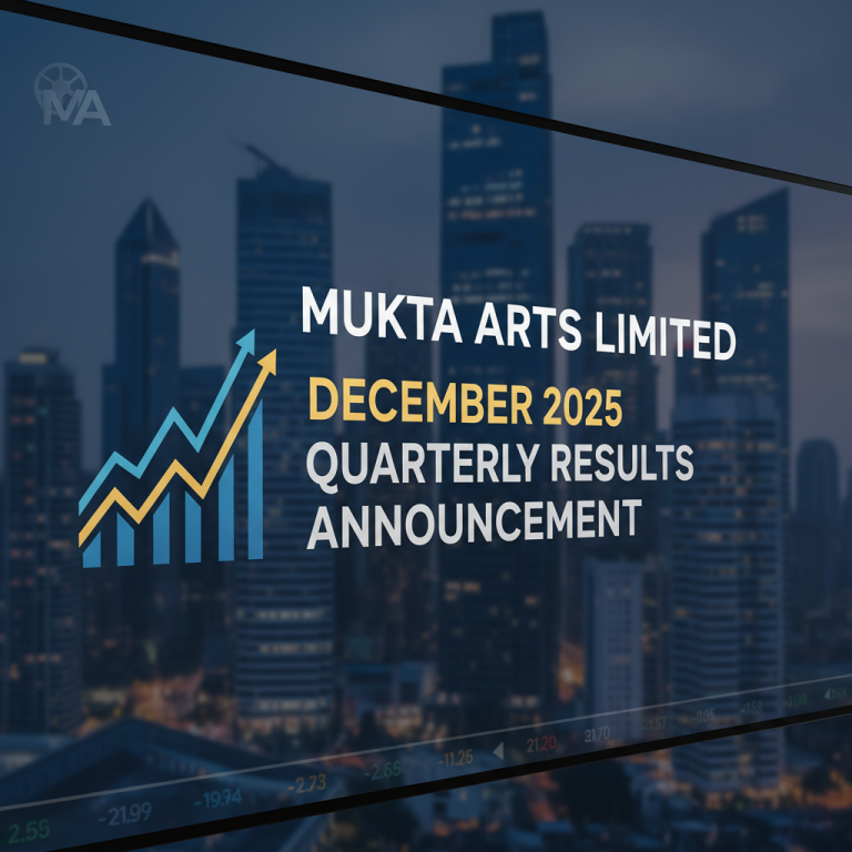 A professional image for Mukta Arts' quarterly results, showing a growth chart and blurred city skyline.