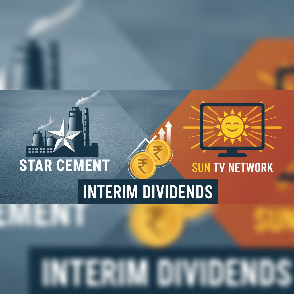 A split image representing Star Cement with a factory and Sun TV Network with a sun logo, connected by rising rupee coins.