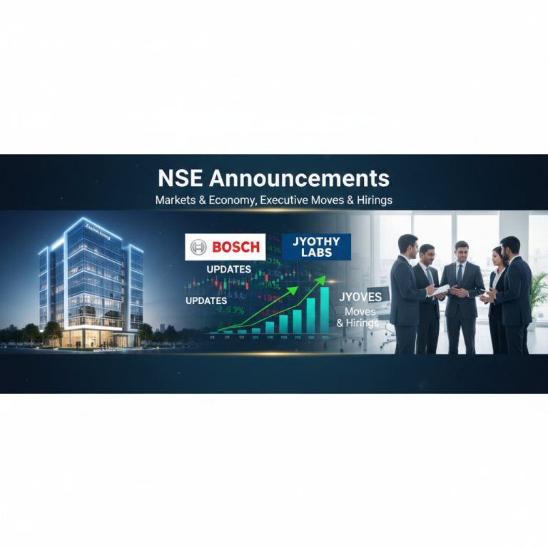 A professional visual representing NSE announcements with company logos, a modern building, charts, and business professionals.