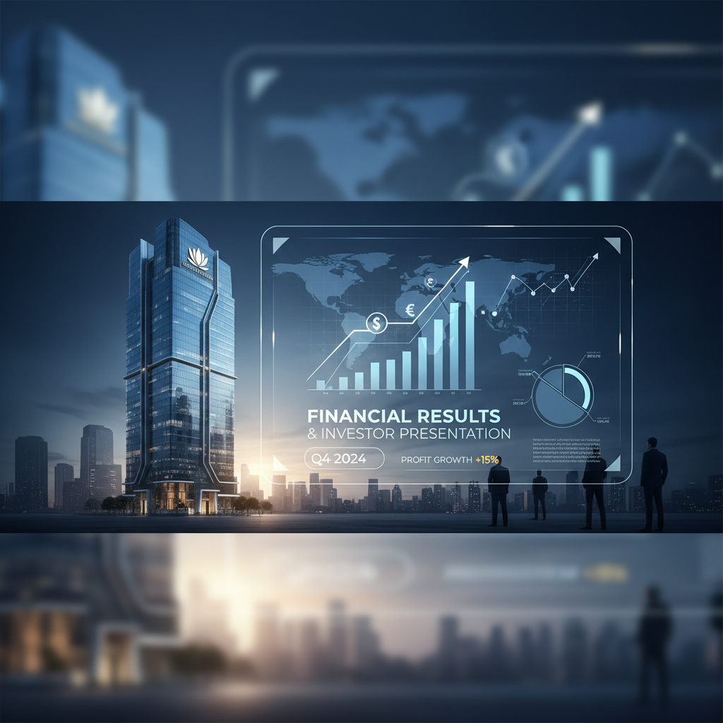 A modern high-rise building alongside a holographic display of financial graphs, charts, and a world map.