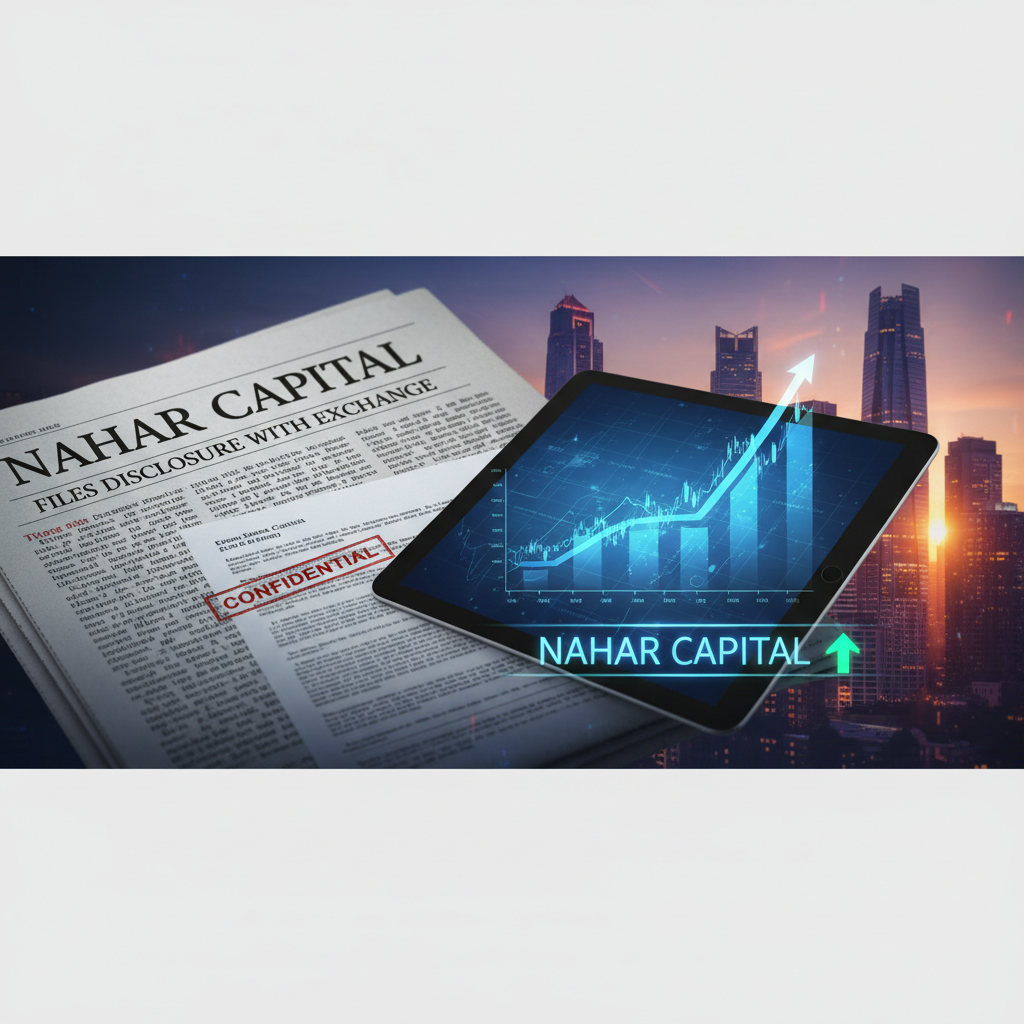 A newspaper headline "Nahar Capital Files Disclosure" next to a tablet displaying a financial growth chart.