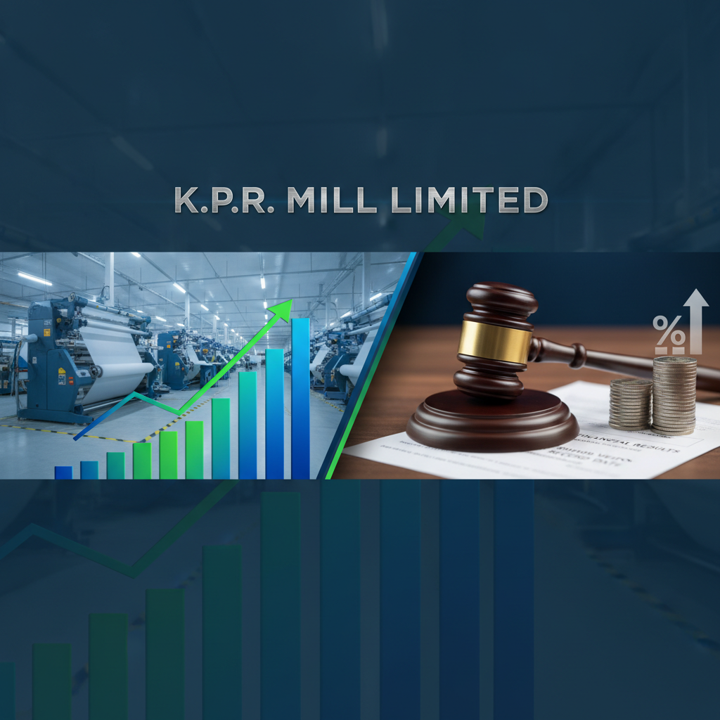 A gavel, stacked coins with a percentage sign, and a rising bar chart superimposed over a textile factory floor.