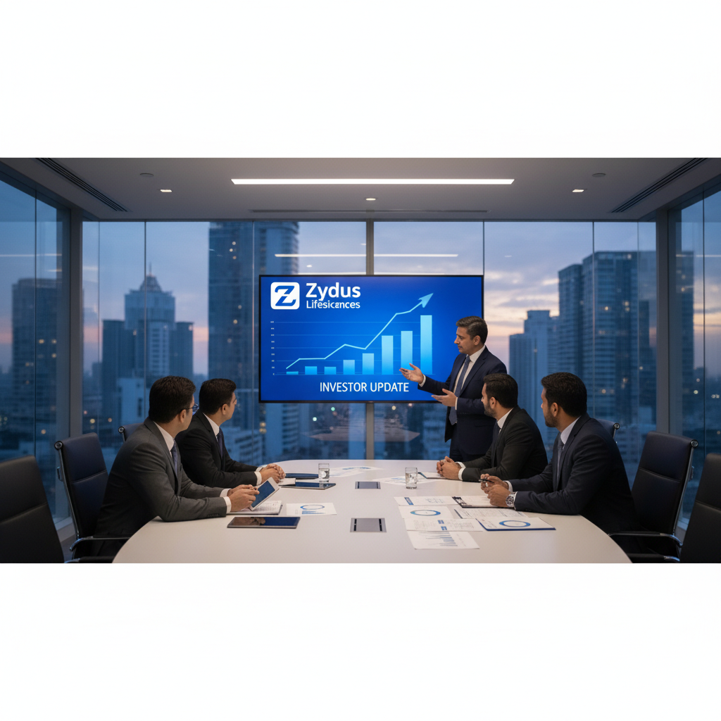 Business professionals in a modern boardroom with city views, watching a presentation on a large screen with Zydus Lifesciences logo and growth charts.