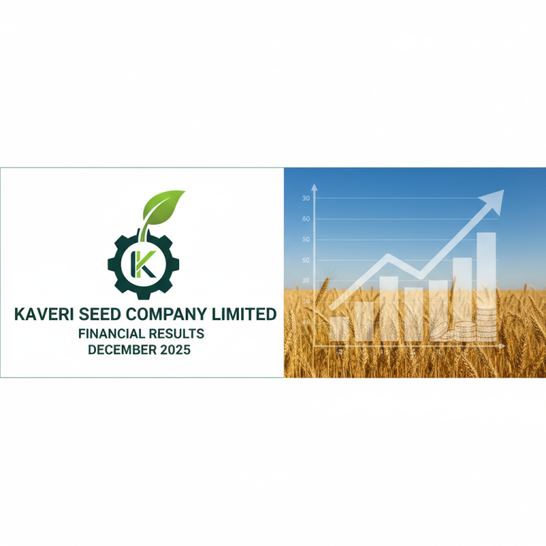 Professional image for Kaveri Seed Company's financial results, featuring a growing plant and a bar chart.