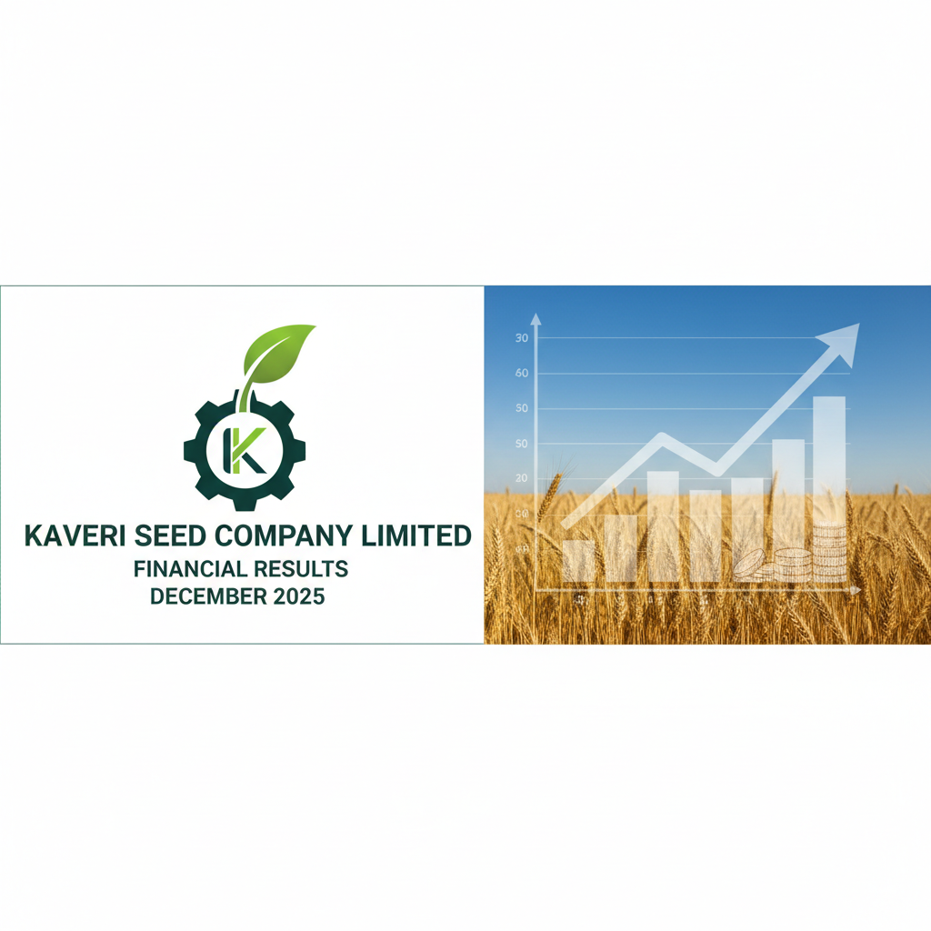 Professional image for Kaveri Seed Company's financial results, featuring a growing plant and a bar chart.