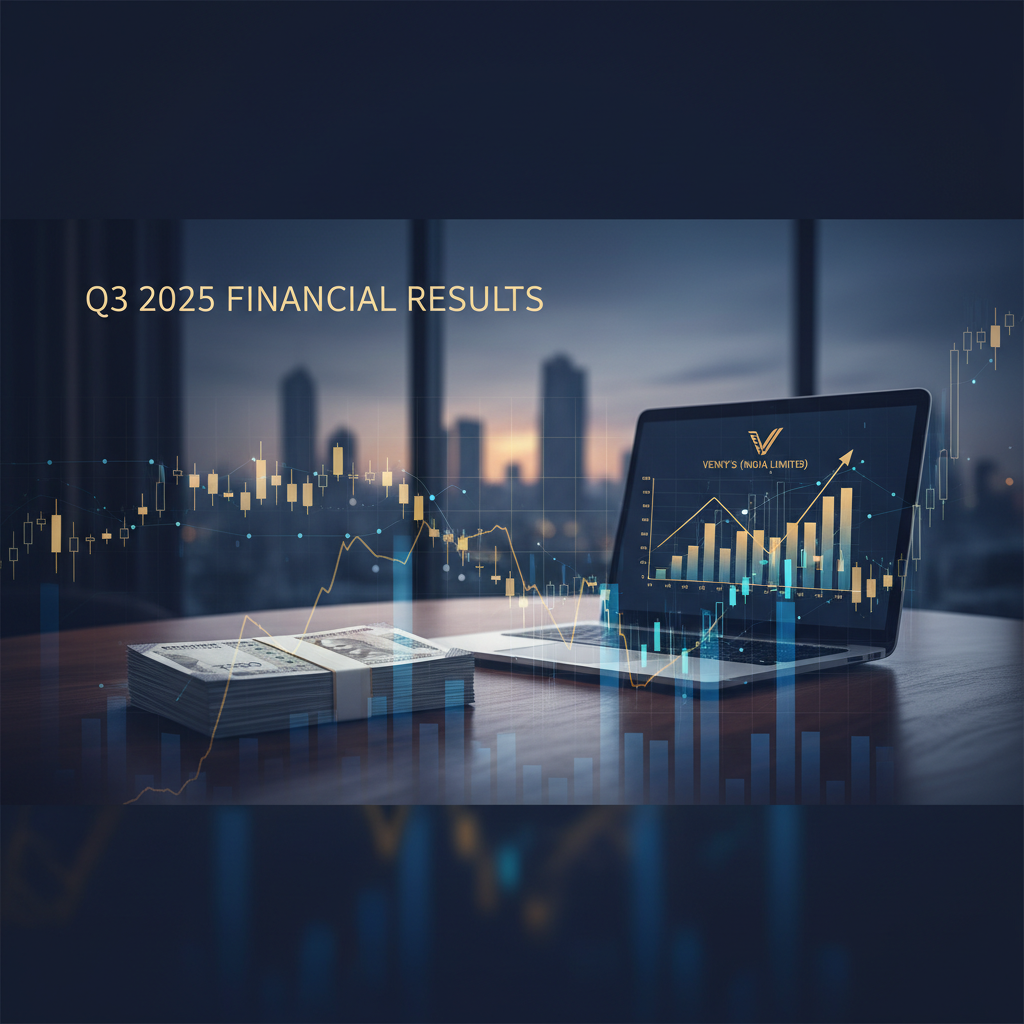 A laptop displaying financial charts and graphs with a stack of currency, against a city skyline at dusk.