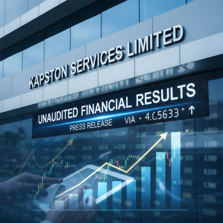 A digital billboard displays "Kapston Services Limited Unaudited Financial Results Press Release" with a stock market graph.