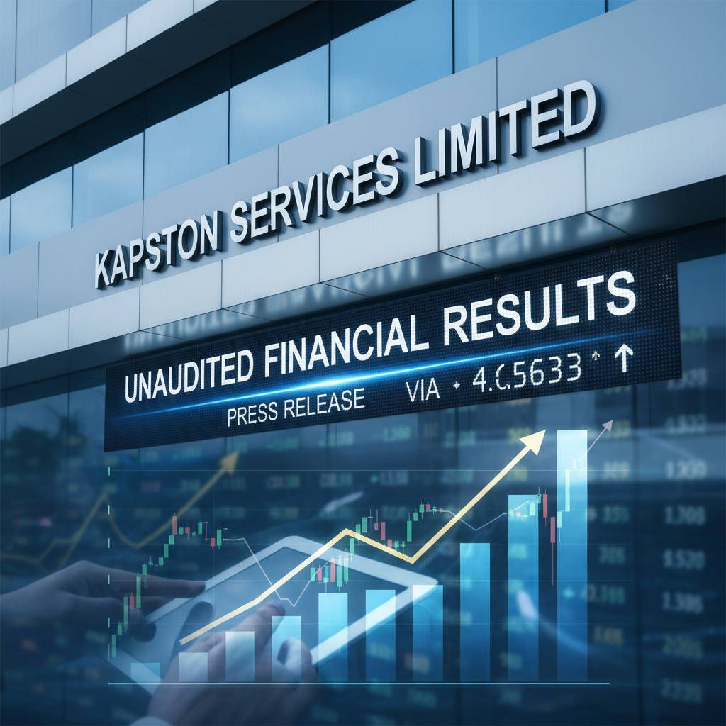 A digital billboard displays "Kapston Services Limited Unaudited Financial Results Press Release" with a stock market graph.
