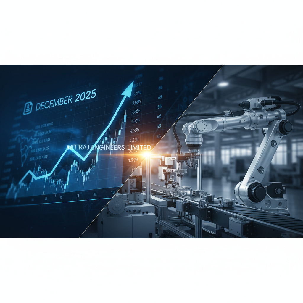A split image showing a financial graph with an upward arrow and "December 2025, Nitiraj Engineers Limited" on one side, and a robotic arm on a factory production line on the other.