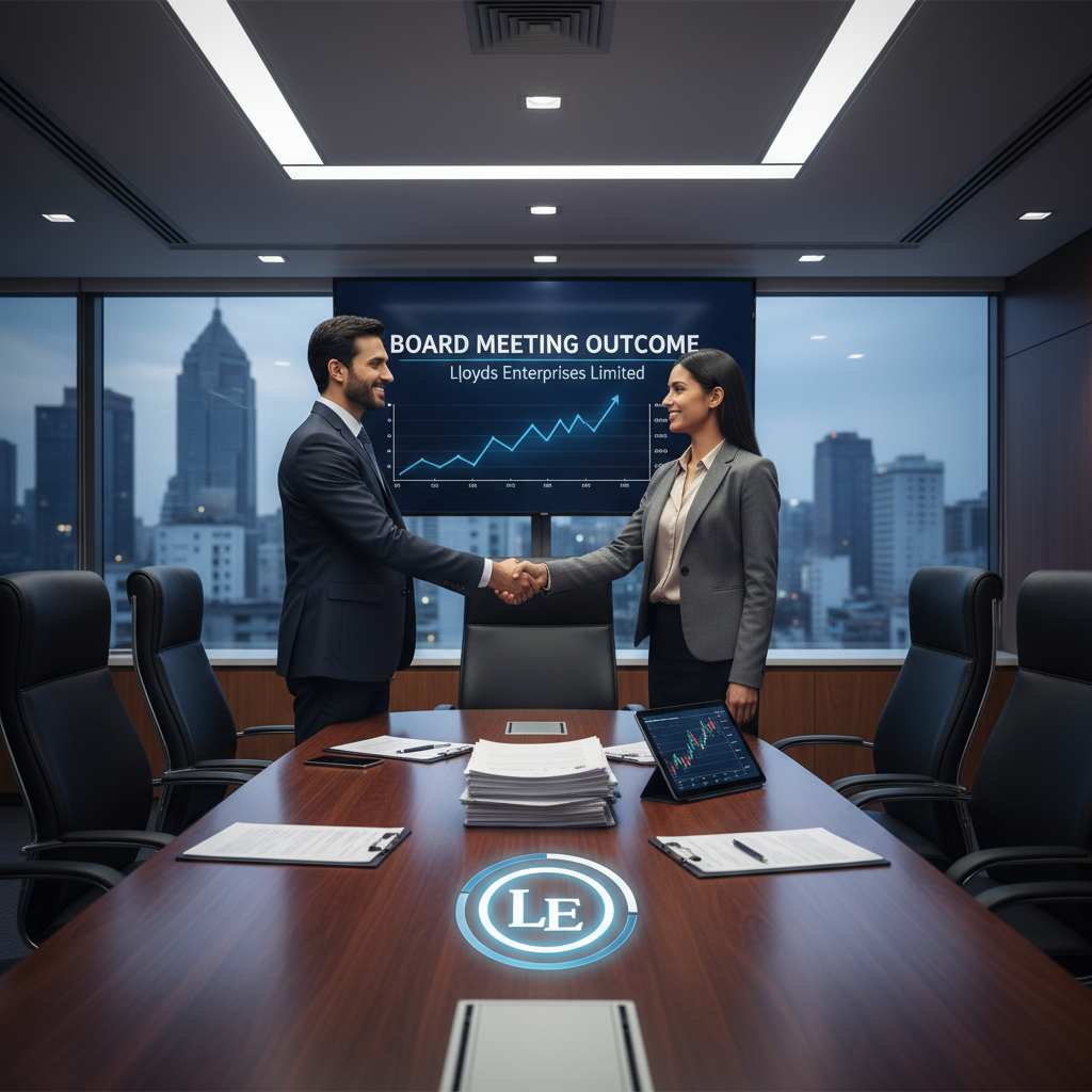 Two professionals shaking hands in a boardroom with a city skyline, signifying a positive board meeting.