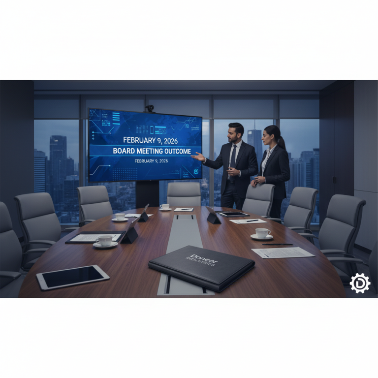 Two professionals in a modern boardroom, presenting "February 9, 2026 Board Meeting Outcome" on a large screen.