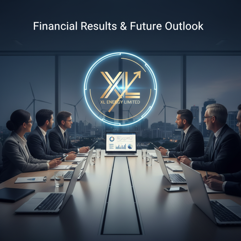 Professional image of an XL Energy Limited board meeting with financial charts on a laptop and city view.