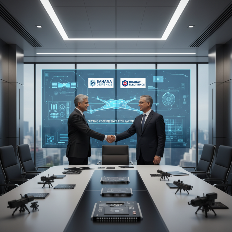 Two executives shaking hands in a modern boardroom with a futuristic digital display showing logos and defence technology.