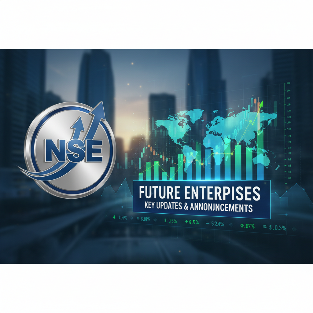 A professional graphic with the NSE logo, stock charts, a world map, and text "FUTURE ENTERPRISES KEY UPDATES & ANNOUNCEMENTS."
