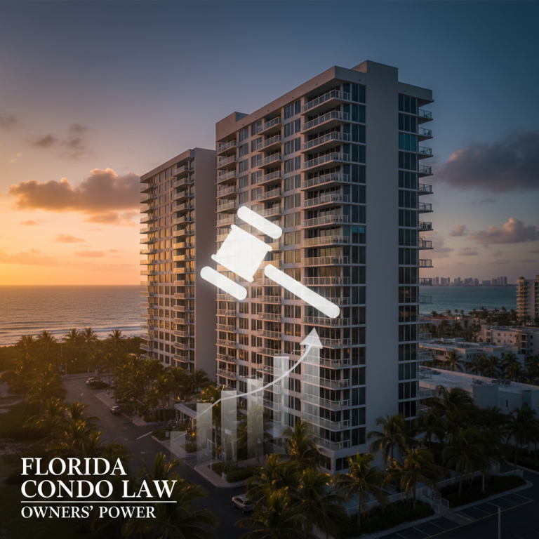 High-rise condos at sunset with legal gavel and upward trend symbolizing a court ruling empowering Florida condo owners.