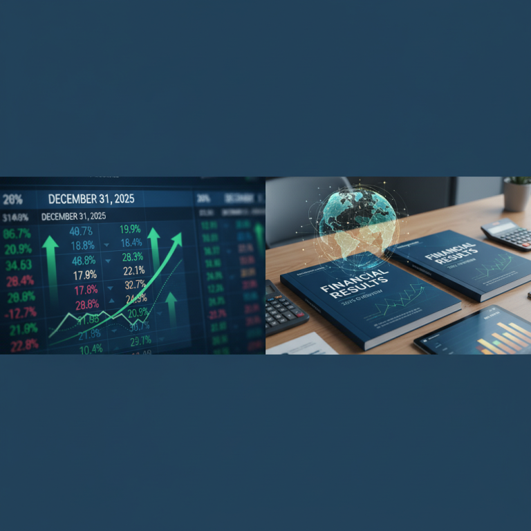 A professional image showing financial reports, charts, and a glowing globe, symbolizing global economic results.